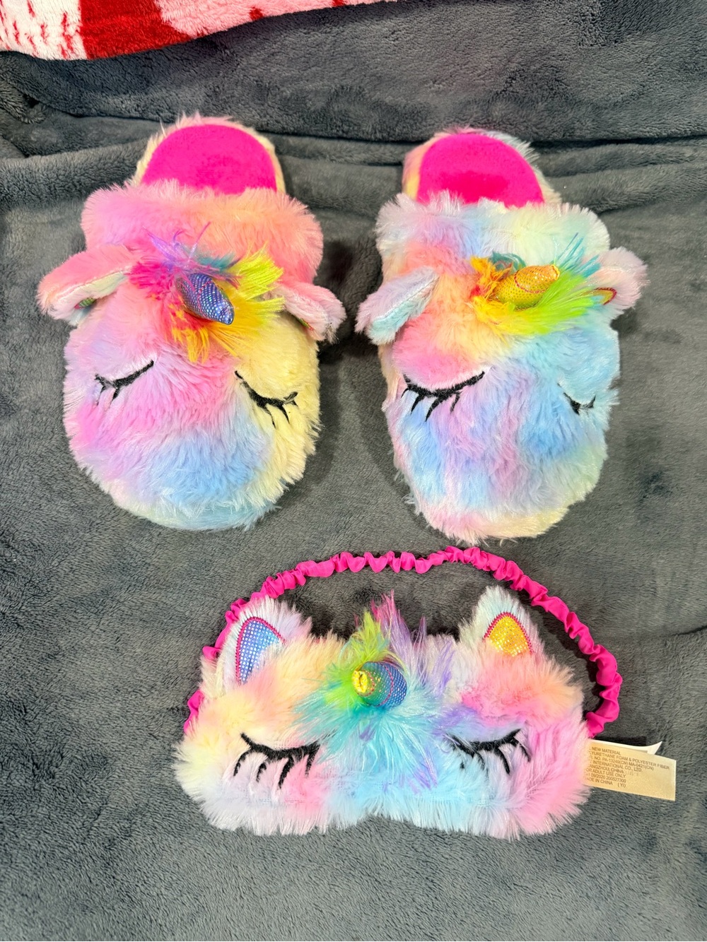 Women’s Cozy Plush Unicorn Slippers and Sleep Mask Set - Pink Rainbow